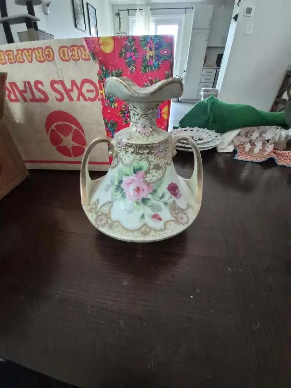 Nippon Hand Painted Moriage Rose Double Handle Vase